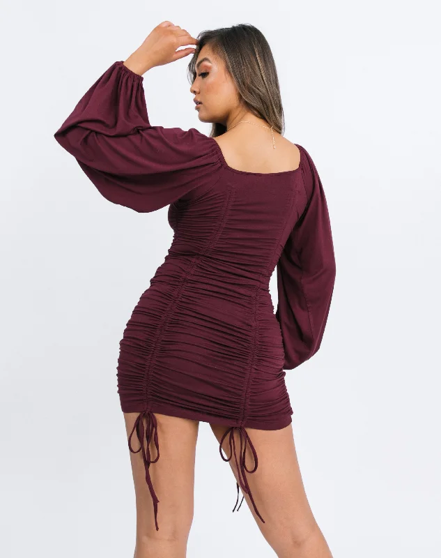 Square Neck Ruched Long Sleeve Mini Dress in Burgundy Red | Helena