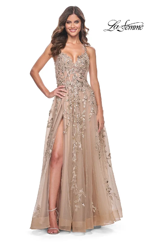 La Femme Sheer-Bodice Long Lace Prom Dress 32052