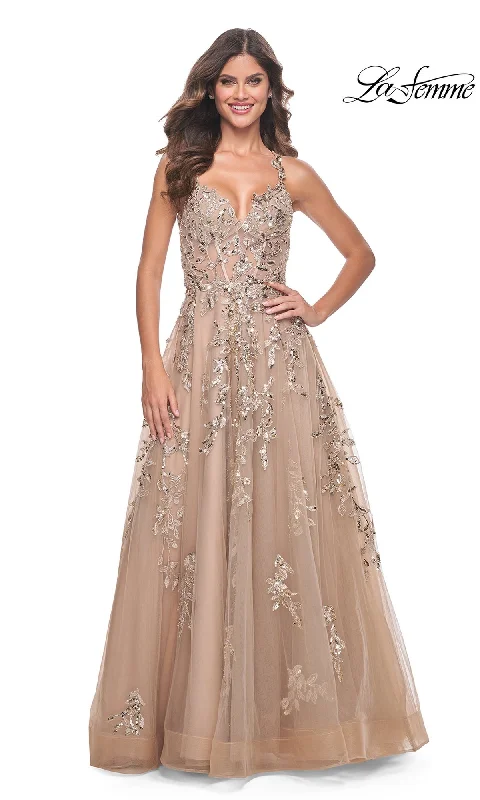 La Femme Sheer-Bodice Long Lace Prom Dress 32052