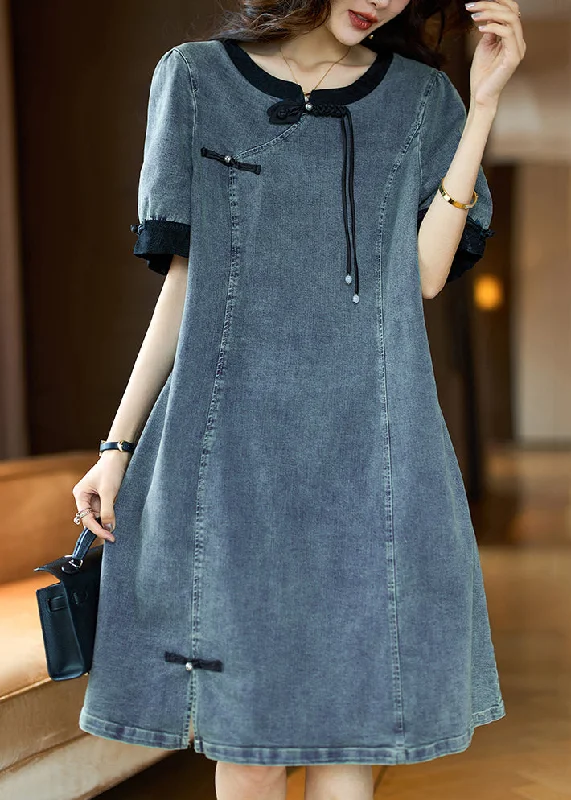 Loose Black O Neck Button Patchwork Denim Dress Summer GH1050