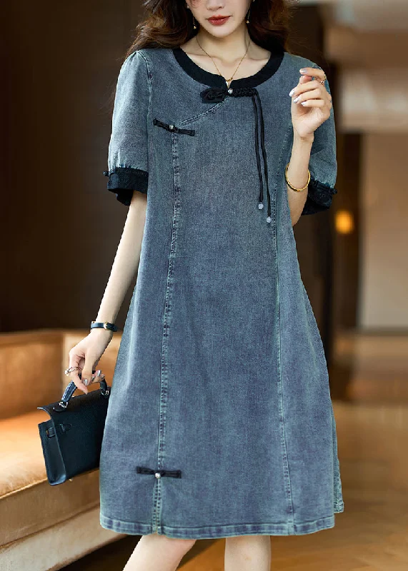 Loose Black O Neck Button Patchwork Denim Dress Summer GH1050