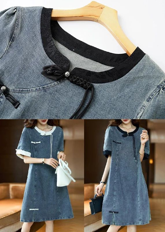 Loose Black O Neck Button Patchwork Denim Dress Summer GH1050