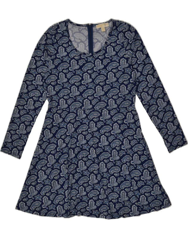 MICHAEL KORS Womens Long Sleeve A-Line Dress UK 16 Large Navy Blue Paisley