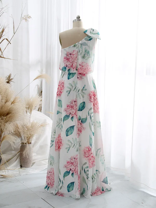 One Shoulder with Bow Flowy Chiffon Formal Evening Gown