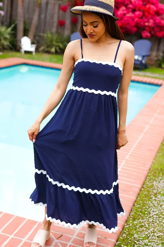 Navy Square Neck Wavy Trim Adjustable Strap Maxi Dress