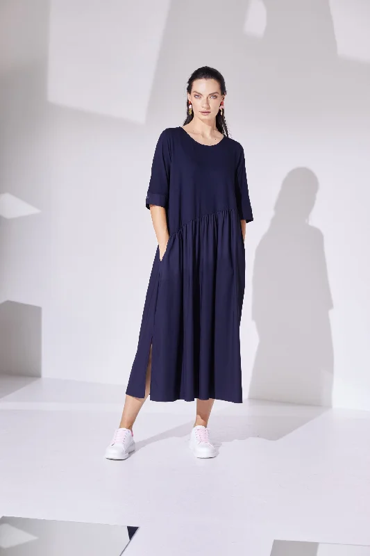 Naya Jersey Dress with contrast fabric gathered skirt  Navy Or Mink