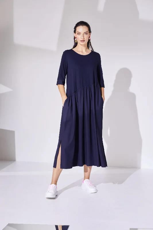 Naya Jersey Dress with contrast fabric gathered skirt  Navy Or Mink