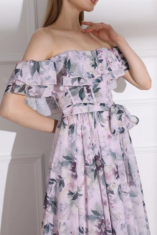 Off the Shoulder Corset Floral Print Chiffon Tiered Dress