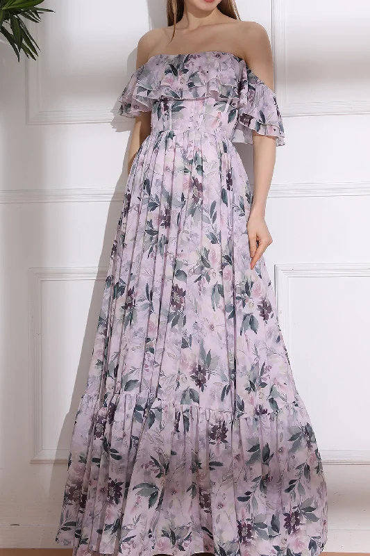 Off the Shoulder Corset Floral Print Chiffon Tiered Dress