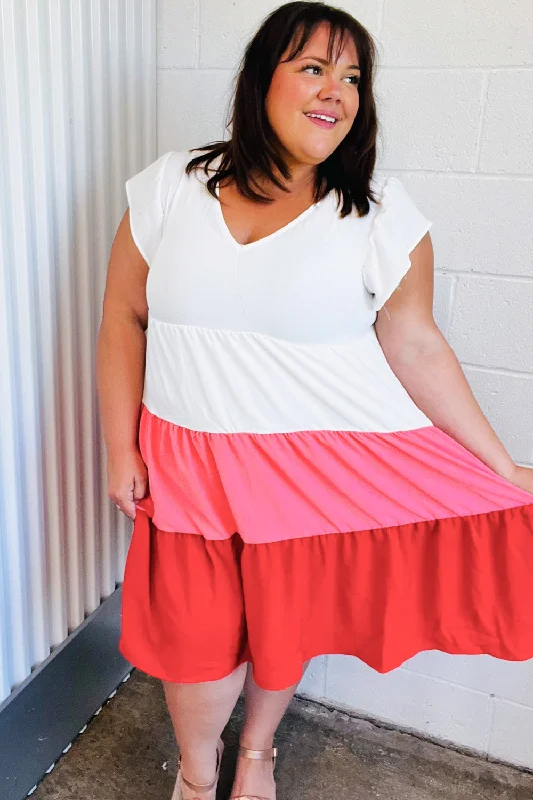 Peach & Cherry Red Tiered Frill Sleeve Dress