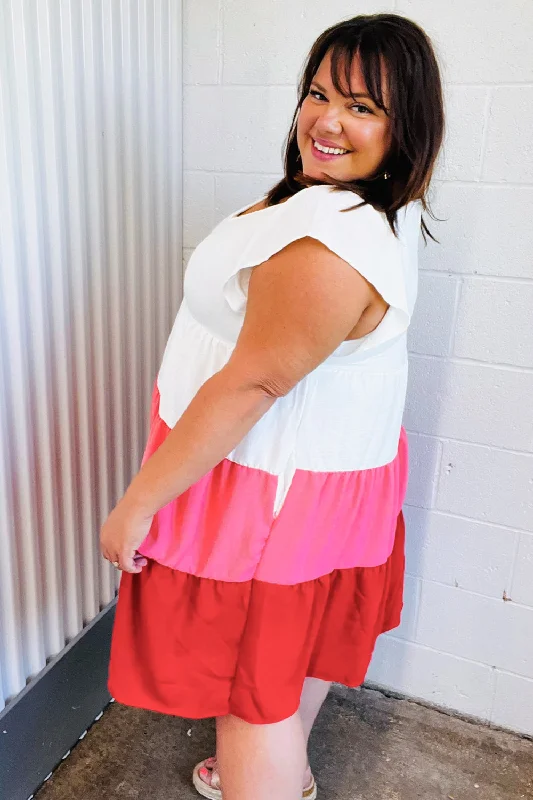 Peach & Cherry Red Tiered Frill Sleeve Dress