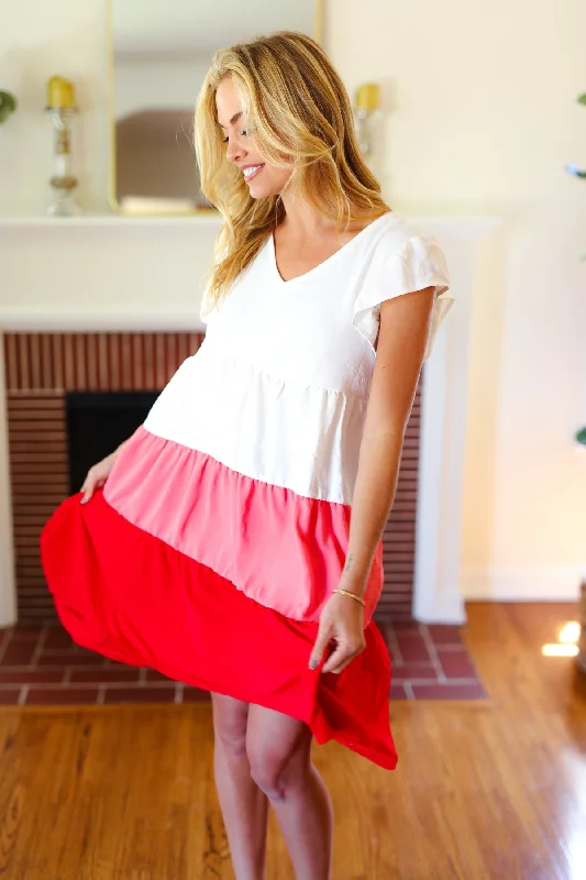 Peach & Cherry Red Tiered Frill Sleeve Dress