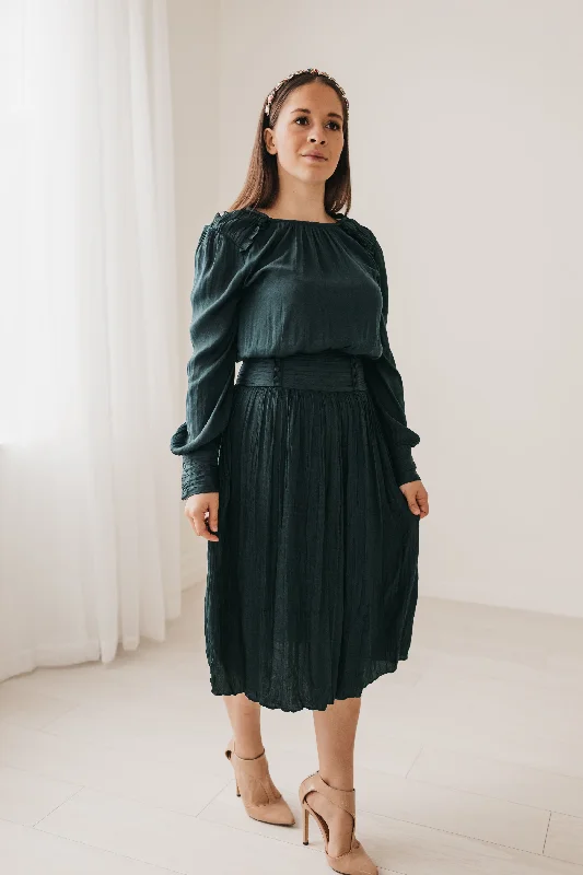 Penelope Satin Midi Dress in Forest Green