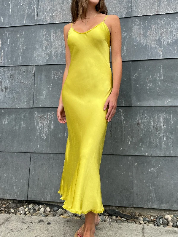 Farrah Slip Dress in Vintage Satin - Lemon