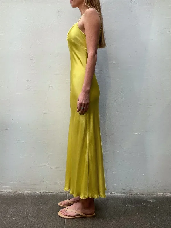 Farrah Slip Dress in Vintage Satin - Lemon