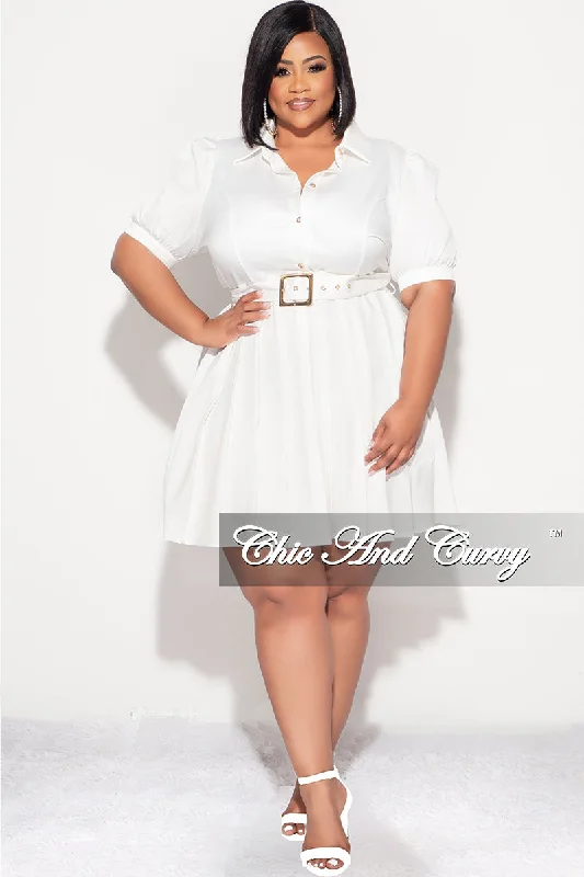 Final Sale Plus Size Collar Button Up Pleated Dress with Belt in White