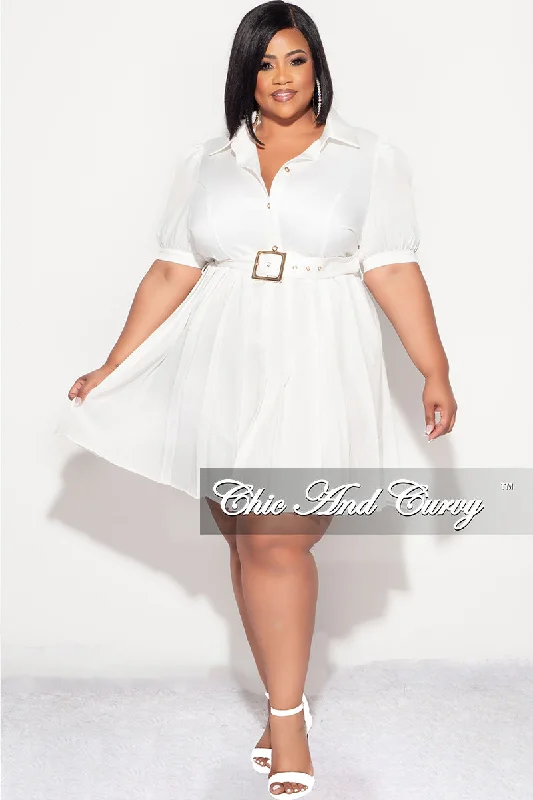 Final Sale Plus Size Collar Button Up Pleated Dress with Belt in White