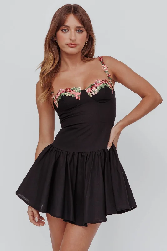 Rose Garden Flounce Mini Dress Black