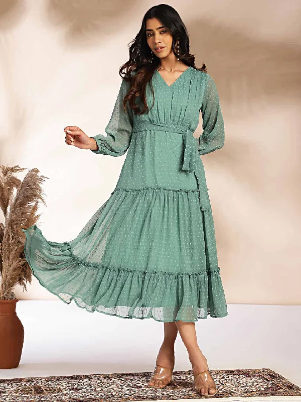 Sage Dobby Chiffon Solid Tiered Dress