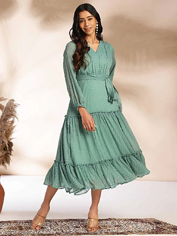 Sage Dobby Chiffon Solid Tiered Dress