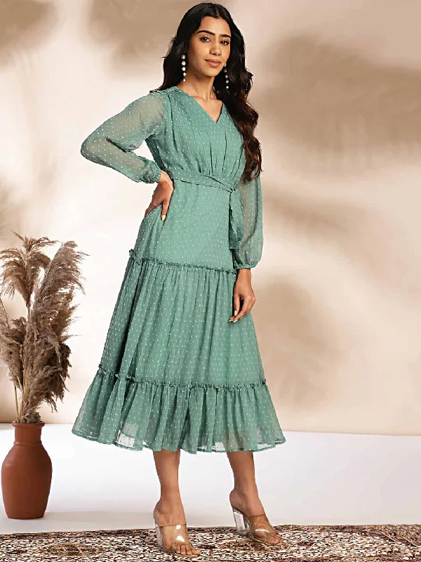 Sage Dobby Chiffon Solid Tiered Dress