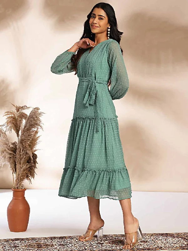 Sage Dobby Chiffon Solid Tiered Dress