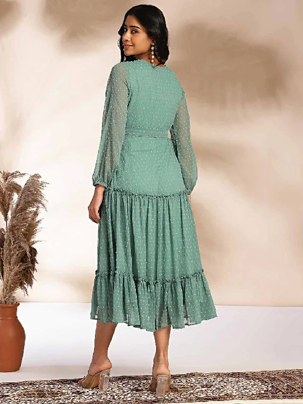 Sage Dobby Chiffon Solid Tiered Dress