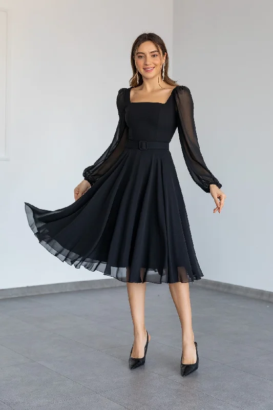 Square Neck Belted Chiffon Dress - BLACK REF : BCW506ELB0001100