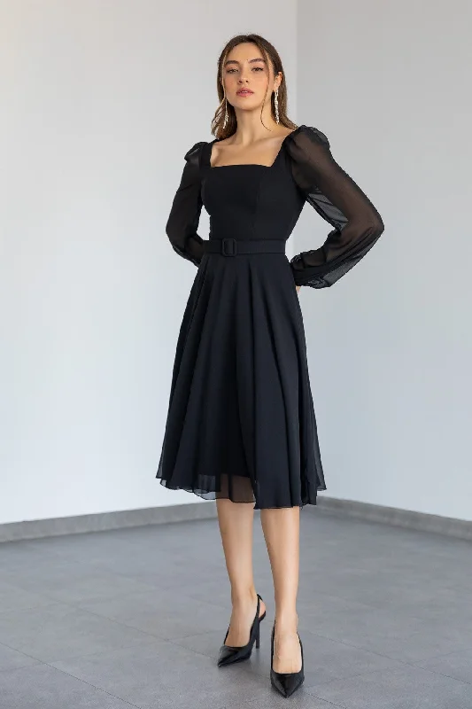 Square Neck Belted Chiffon Dress - BLACK REF : BCW506ELB0001100