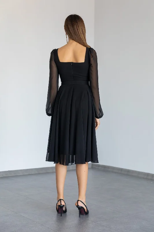 Square Neck Belted Chiffon Dress - BLACK REF : BCW506ELB0001100