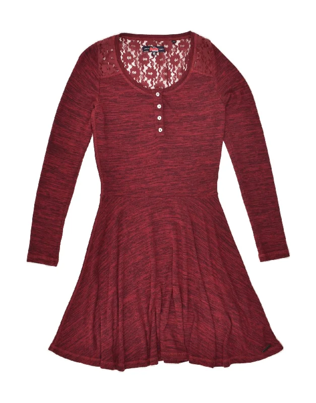 SUPERDRY Womens Long Sleeve A-Line Dress UK 10 Small Maroon Flecked