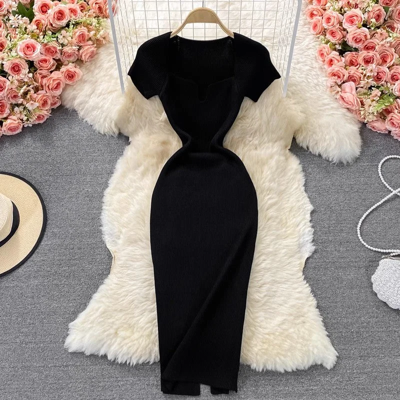 Tight square-neck knitted dress short-sleeved new style sexy long skirt       S4027