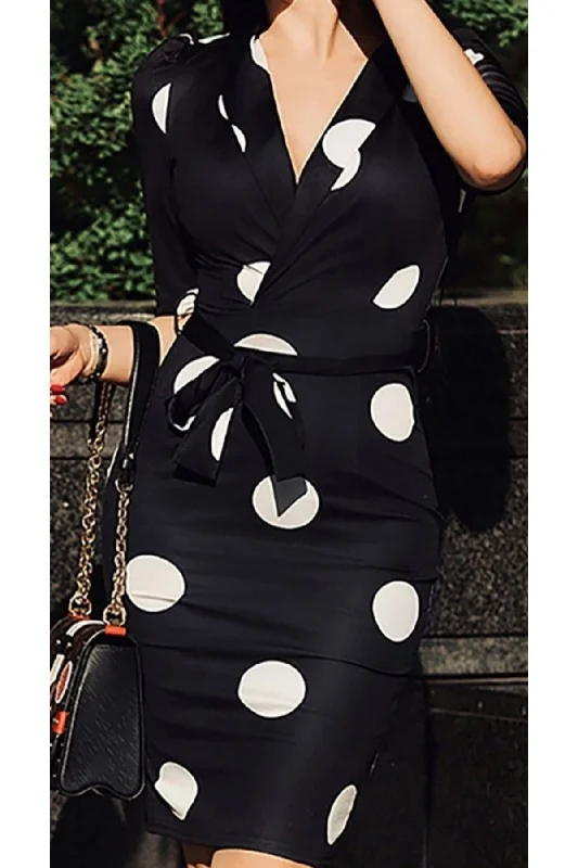 V-Neck, Sash Detail, Polka Dot, Crepe Knee Dress, REF : JNS-f89ff0081543e904df2a