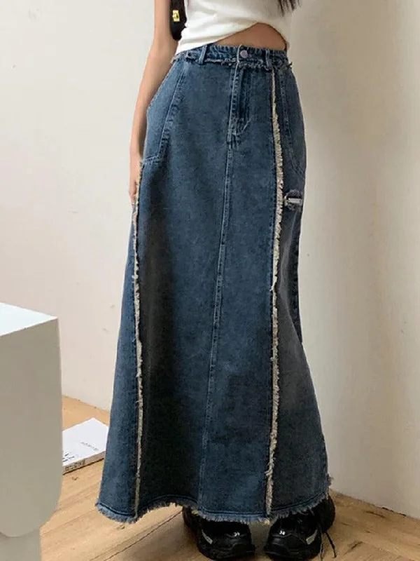 Vintage Raw Edge Splice Slit A Line Maxi Skirt