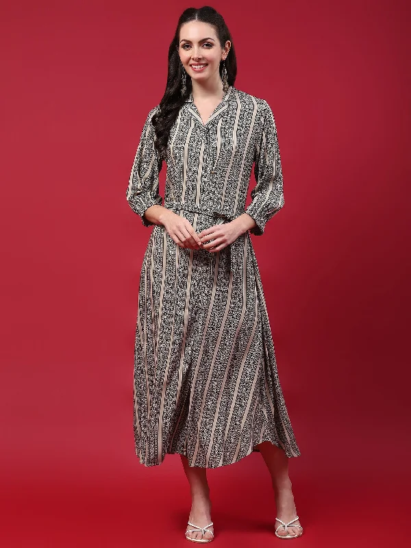 Women Beige Border Printed Dress