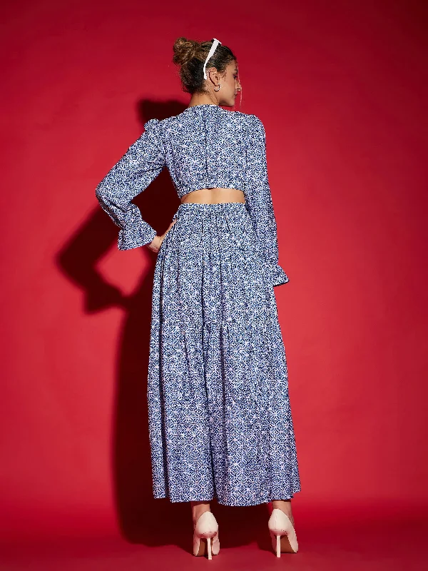 Women Blue Mughal Print Waist Cut-Out Maxi Dress