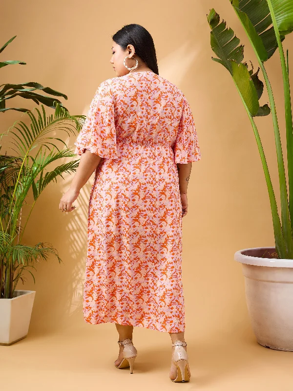 Women Orange Floral Front Slit Midi Dress