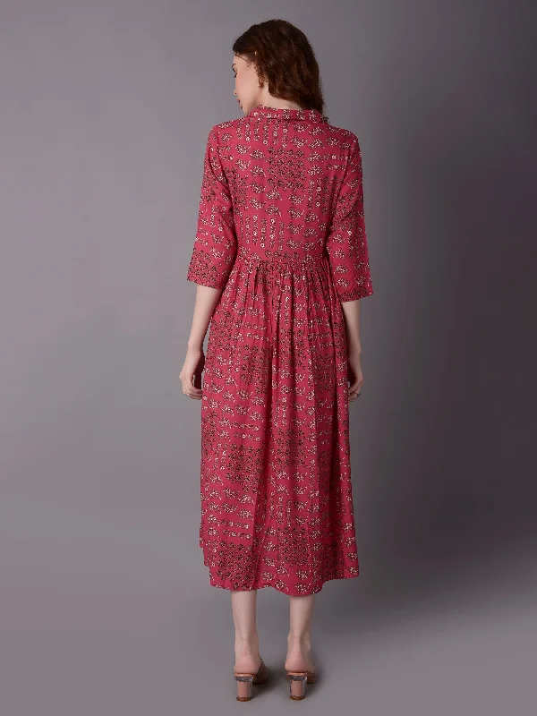 Women Pink Floral 3/4 Sleeve Dress