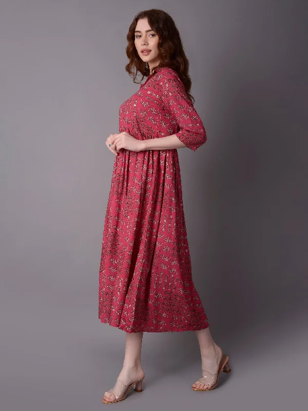 Women Pink Floral 3/4 Sleeve Dress