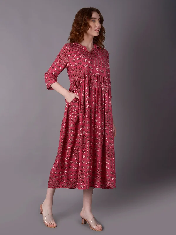 Women Pink Floral 3/4 Sleeve Dress