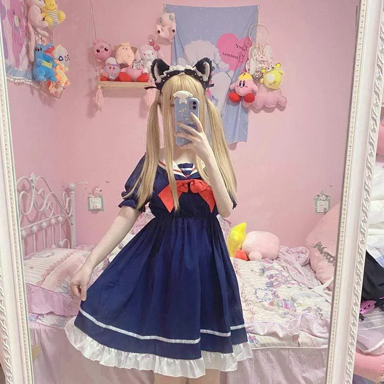 Women's Harajuku Bowknot Sailor Collar Falbala Dresses