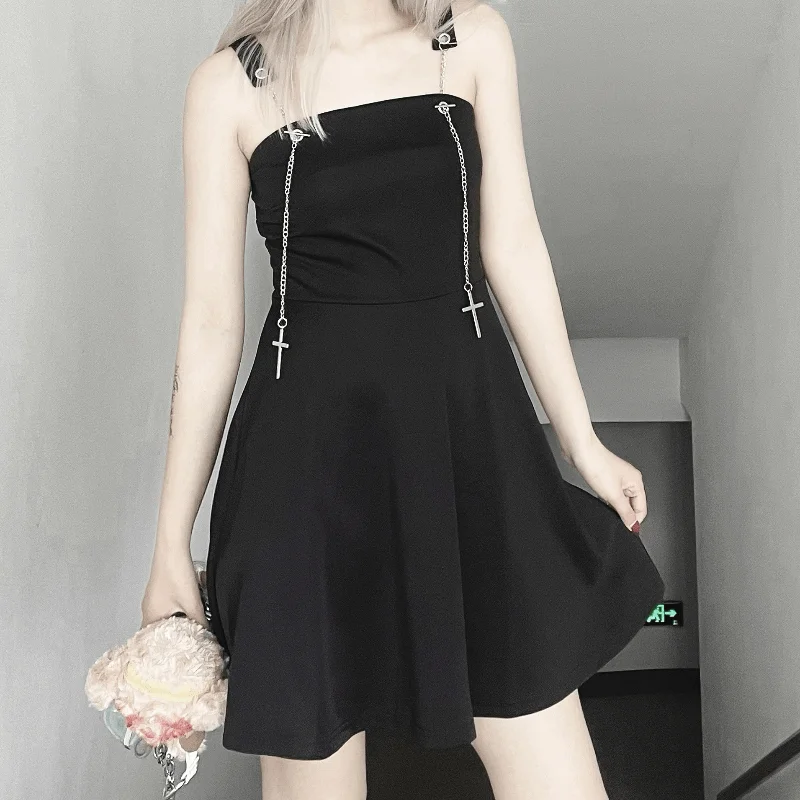 Women's Kawaii Black Slip Dress with Cross Chain