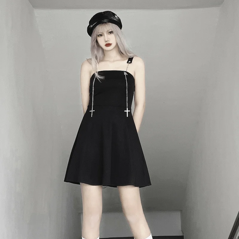 Women's Kawaii Black Slip Dress with Cross Chain