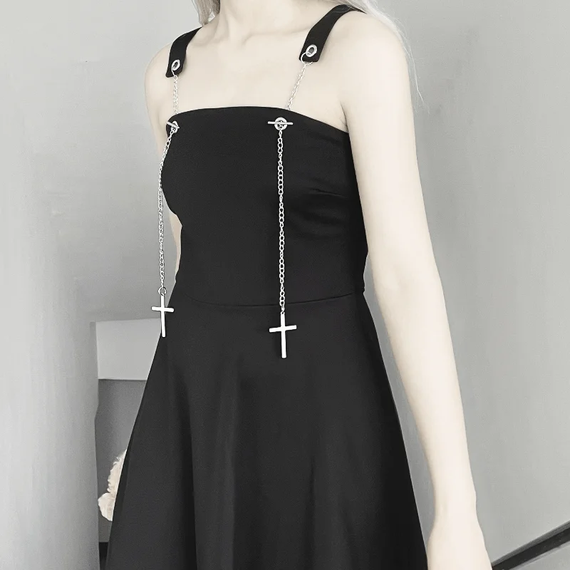 Women's Kawaii Black Slip Dress with Cross Chain