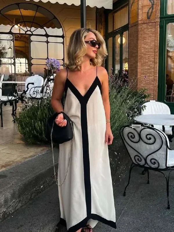 Znbbw Patchwork Loose Hollow Out Long Dress Women Elegant V Neck Sleeveless Backless Dresses Elegant Summer Female Party Robes