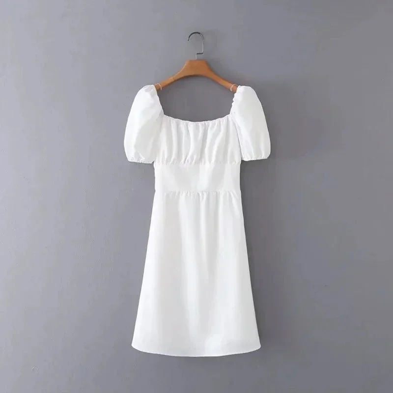 Znbbw Tie Back White Summer Short Dress Women's Casual Short Sleeve Square Collar Mini Backless Dress Femme Retro Dress 2024