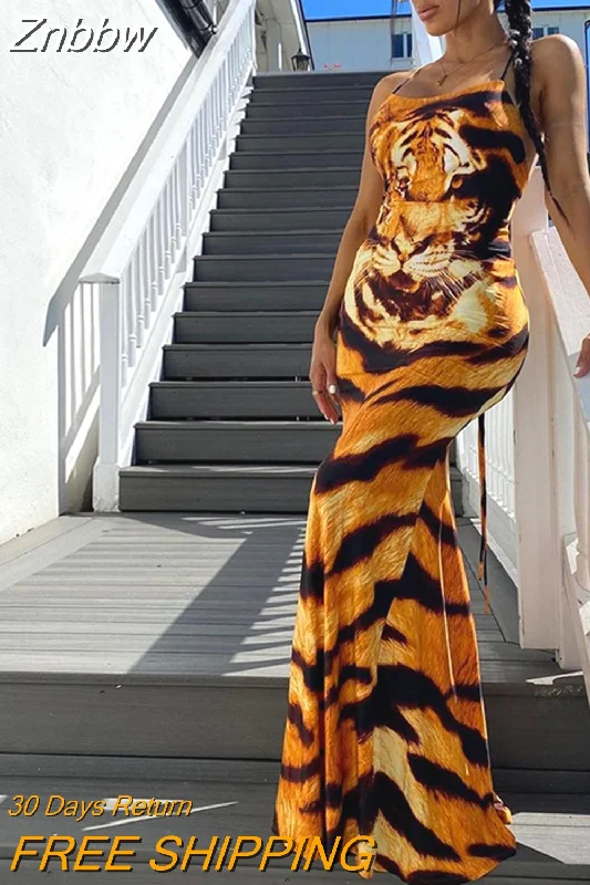 Znbbw Women Tiger Printed Bodycon Sleeveless Party Club Evening Long Dress 2023 Summer Clothes Wholesale Items For Business