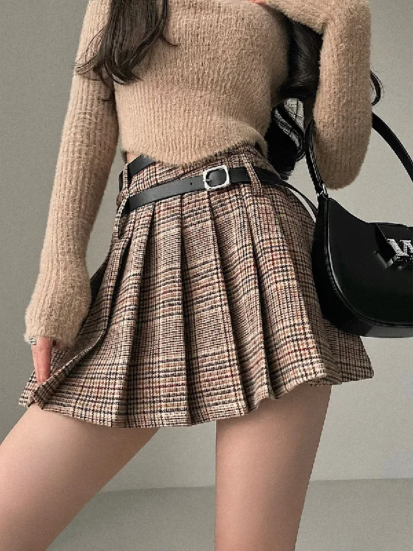 Amaris Plaid Brown Double Belts Pleated Mini Skirt