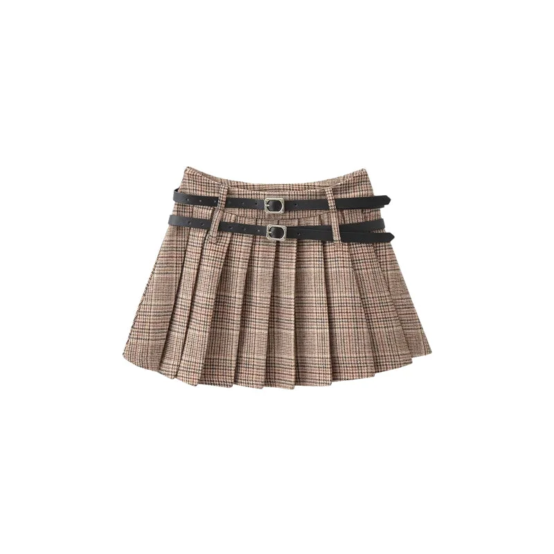 Amaris Plaid Brown Double Belts Pleated Mini Skirt