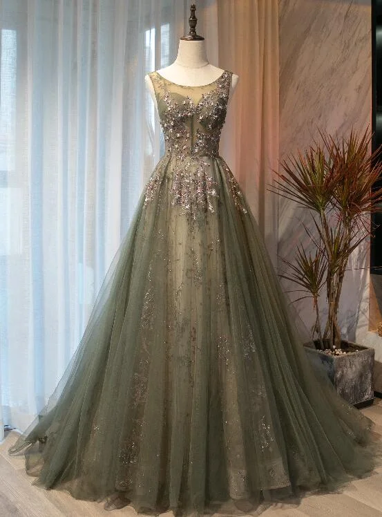 Beautiful Tulle With Applique Light Green Round Neckline Prom Dress, Low Black Long Formal Dress  gh92